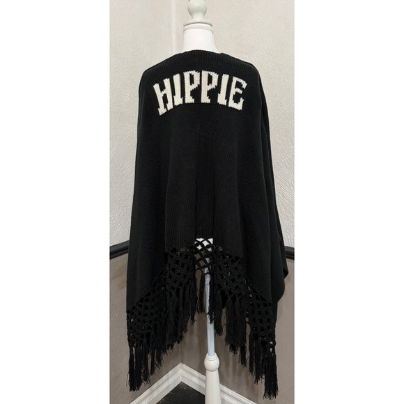 Lyric Sweaters - Janis Joplin Lyric Black Knit Fringe Shawl Wrap "Hippie" Graphic One Size